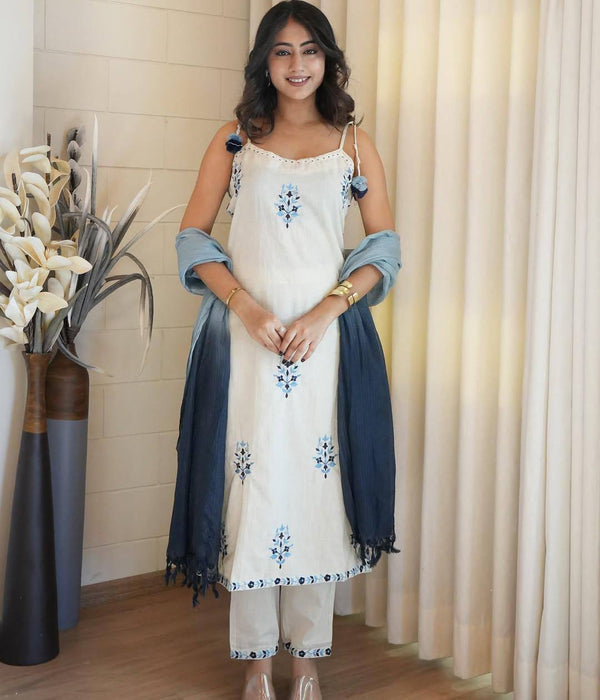 Designer Embroidered Pure Cotton White Color Kurti Suit Set