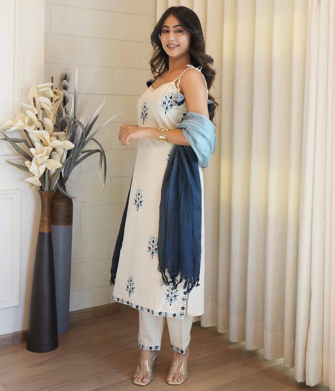 Designer Embroidered Pure Cotton White Color Kurti Suit Set