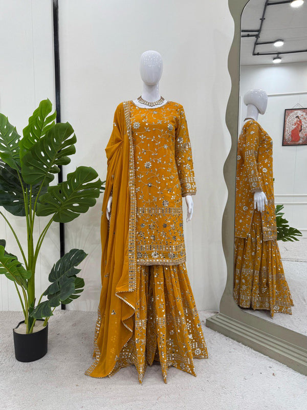 Captivating Mustard Color Faux Georgette And Thread With 9mm Sequence Work Sharara Suit