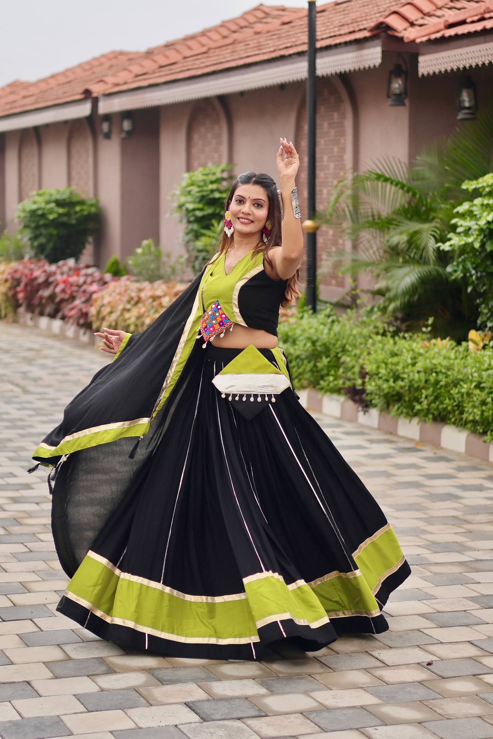 Navratri Festive Wear Black And Green Color Gamathi Work Lehenga Choli