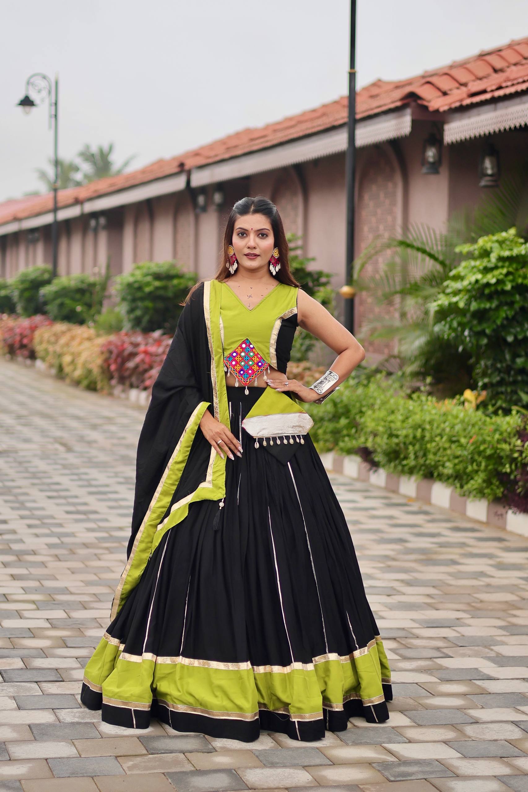 Navratri Festive Wear Black And Green Color Gamathi Work Lehenga Choli
