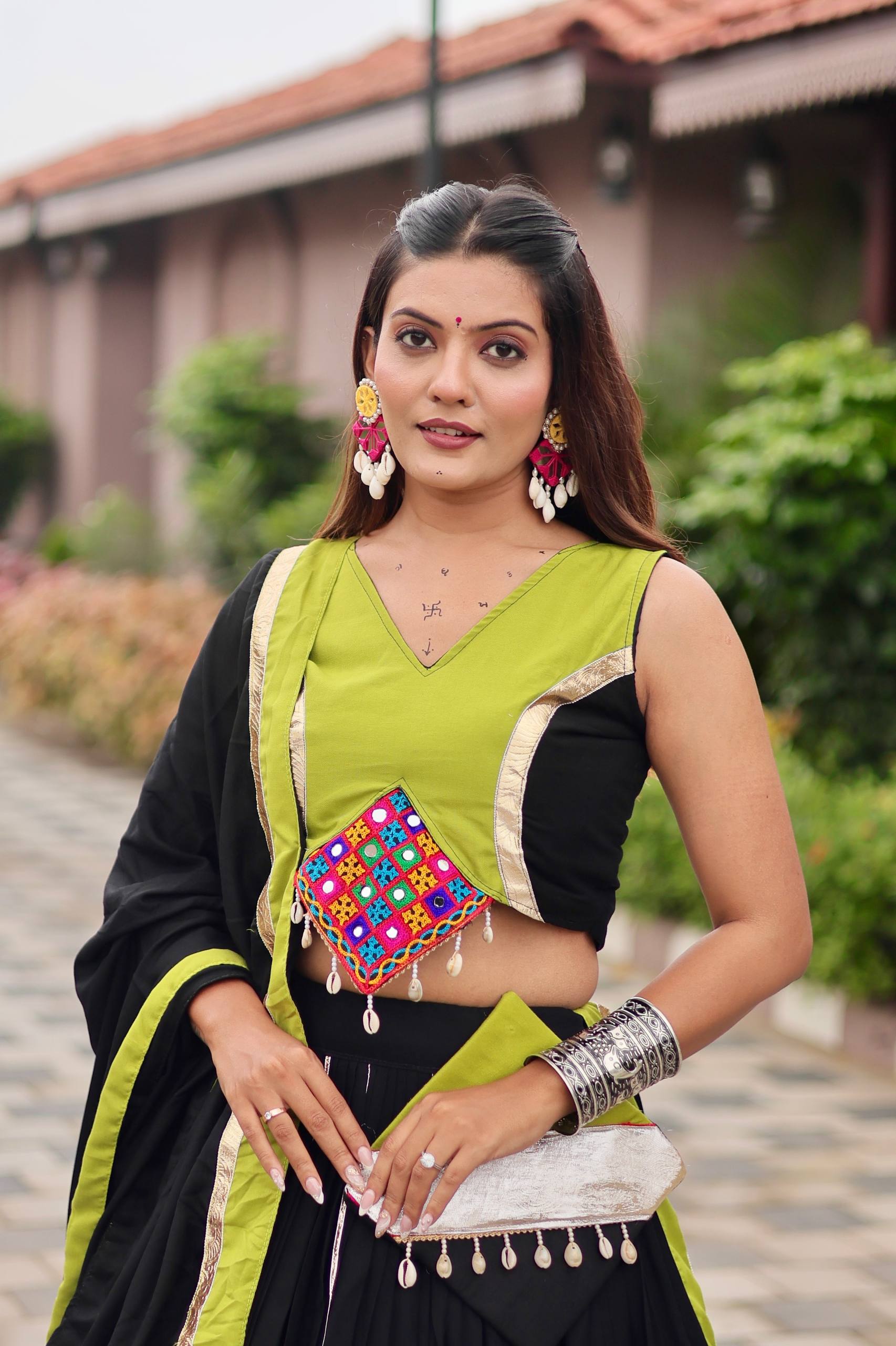 Navratri Festive Wear Black And Green Color Gamathi Work Lehenga Choli