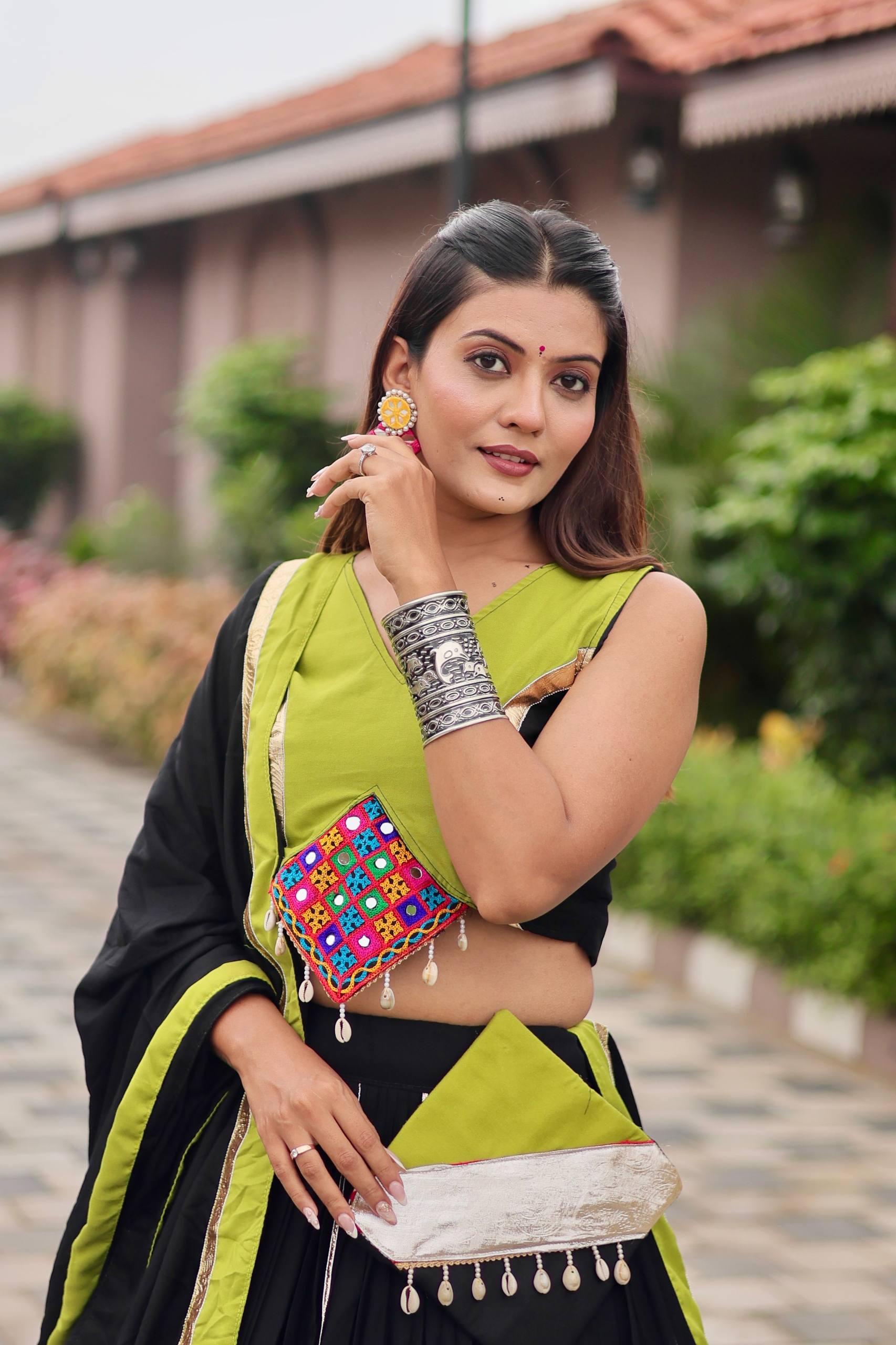 Navratri Festive Wear Black And Green Color Gamathi Work Lehenga Choli