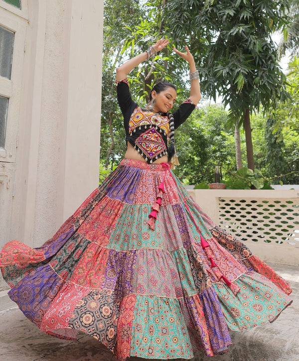 Navratri Special Multicolor Ready To Wear Lehenga With Kutchi Gamthi Work