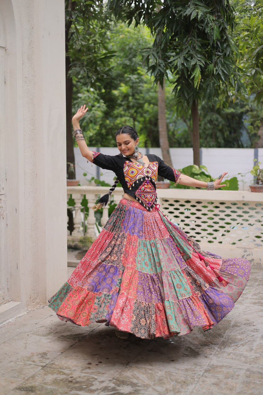 Navratri Special Multicolor Ready To Wear Lehenga With Kutchi Gamthi Work