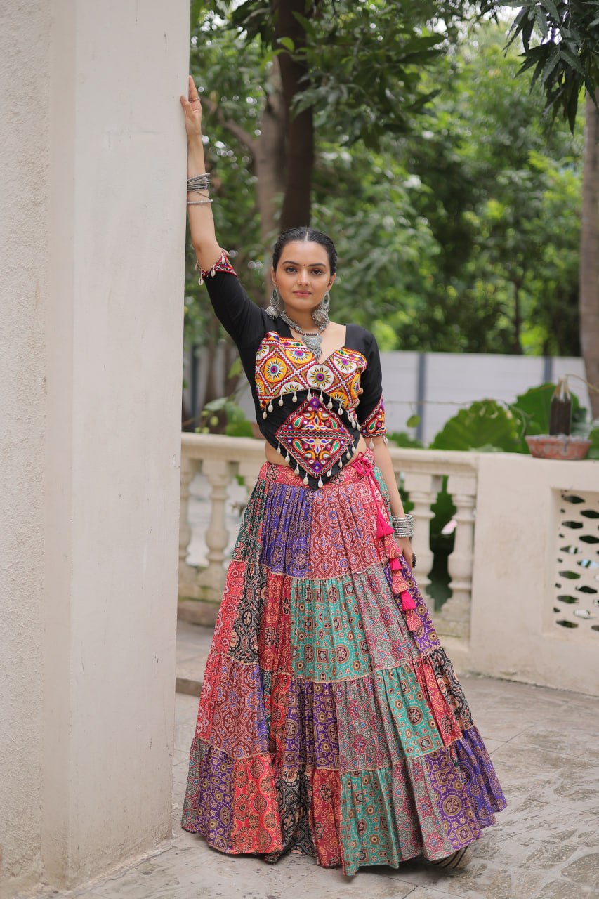 Navratri Special Multicolor Ready To Wear Lehenga With Kutchi Gamthi Work