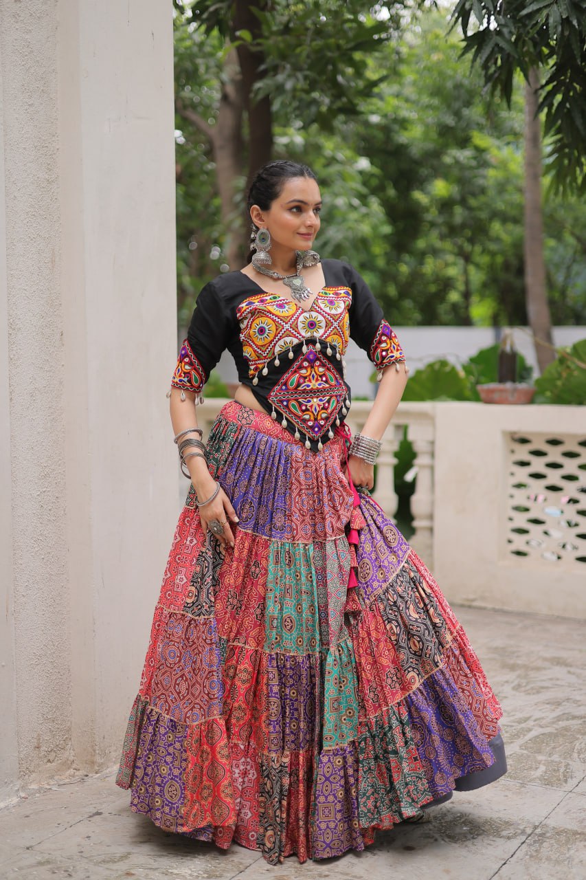 Navratri Special Multicolor Ready To Wear Lehenga With Kutchi Gamthi Work
