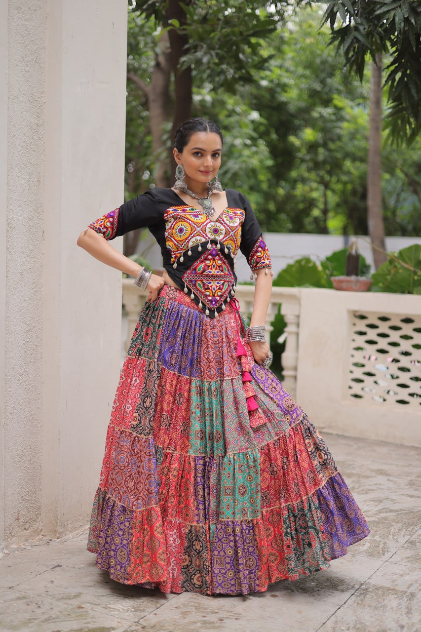 Navratri Special Multicolor Ready To Wear Lehenga With Kutchi Gamthi Work