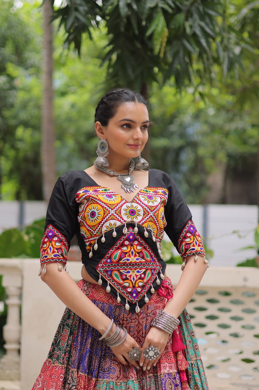 Navratri Special Multicolor Ready To Wear Lehenga With Kutchi Gamthi Work