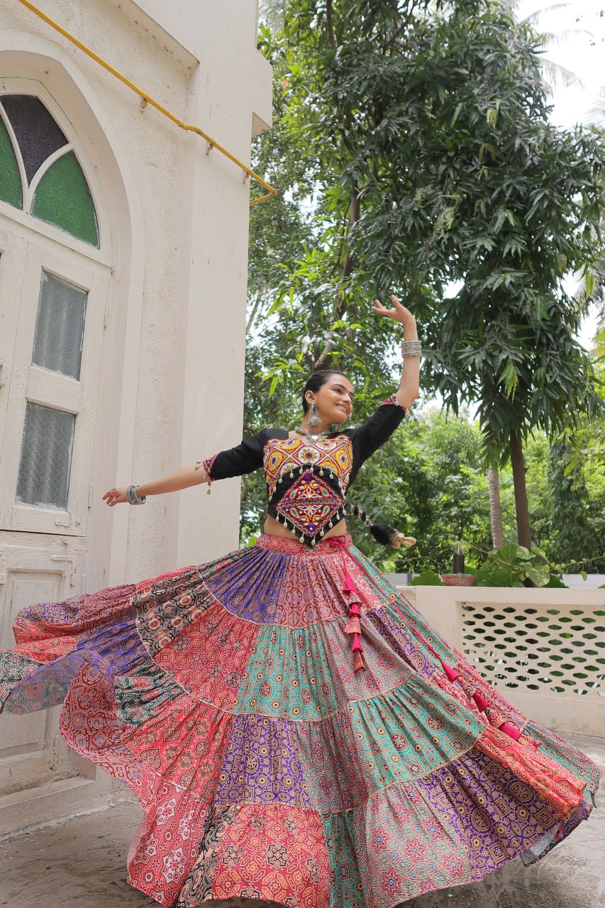 Navratri Special Multicolor Ready To Wear Lehenga With Kutchi Gamthi Work