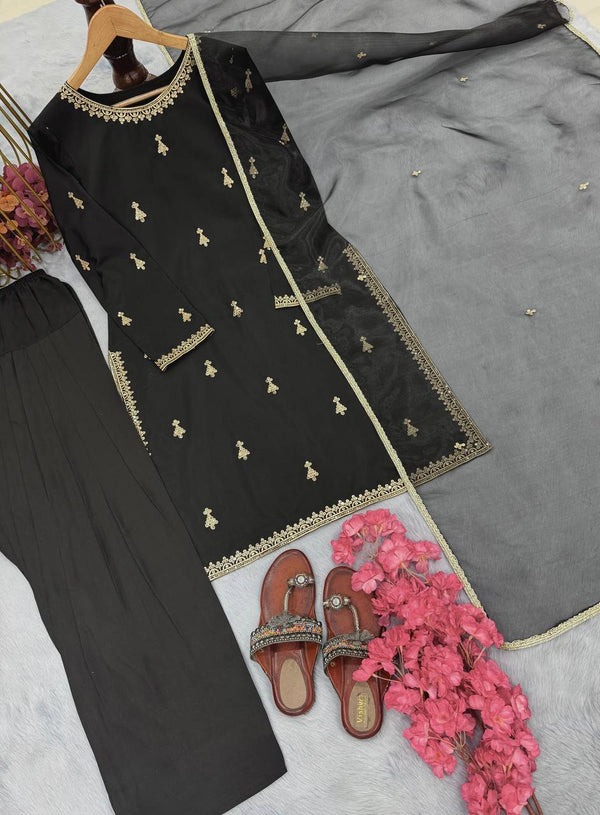 Mesmerizing Black Color Natural Satin With Embroidery Work Designer Palazzo Suit