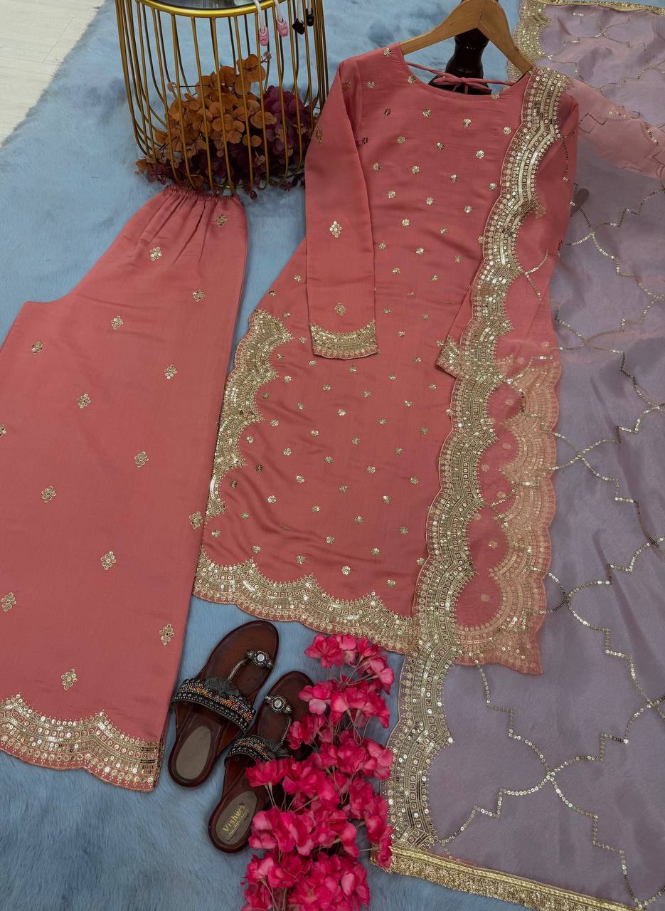 Fabulous Peach Color Heavy Roman Silk With Embroidery Sequence Work Palazzo Suit