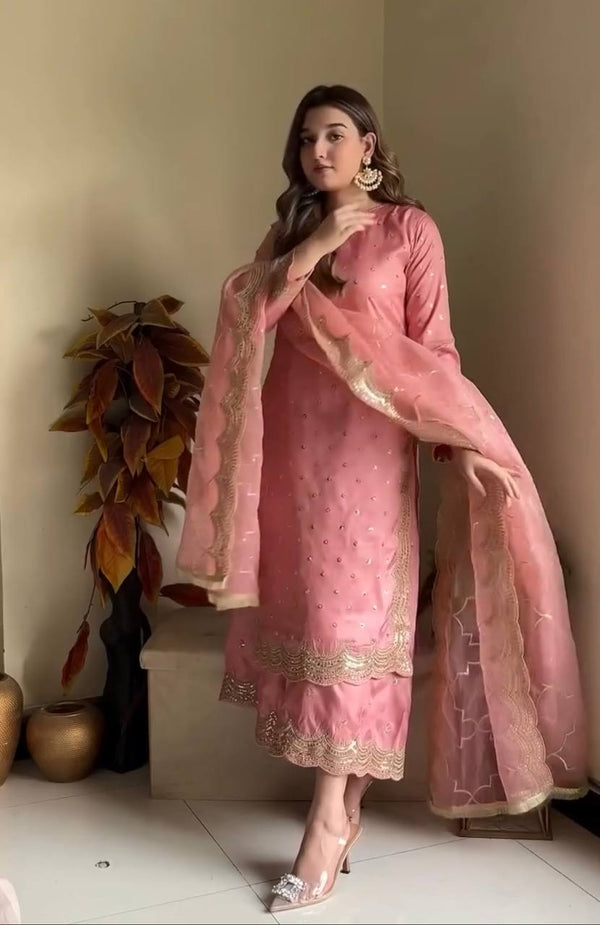 Fabulous Peach Color Heavy Roman Silk With Embroidery Sequence Work Palazzo Suit