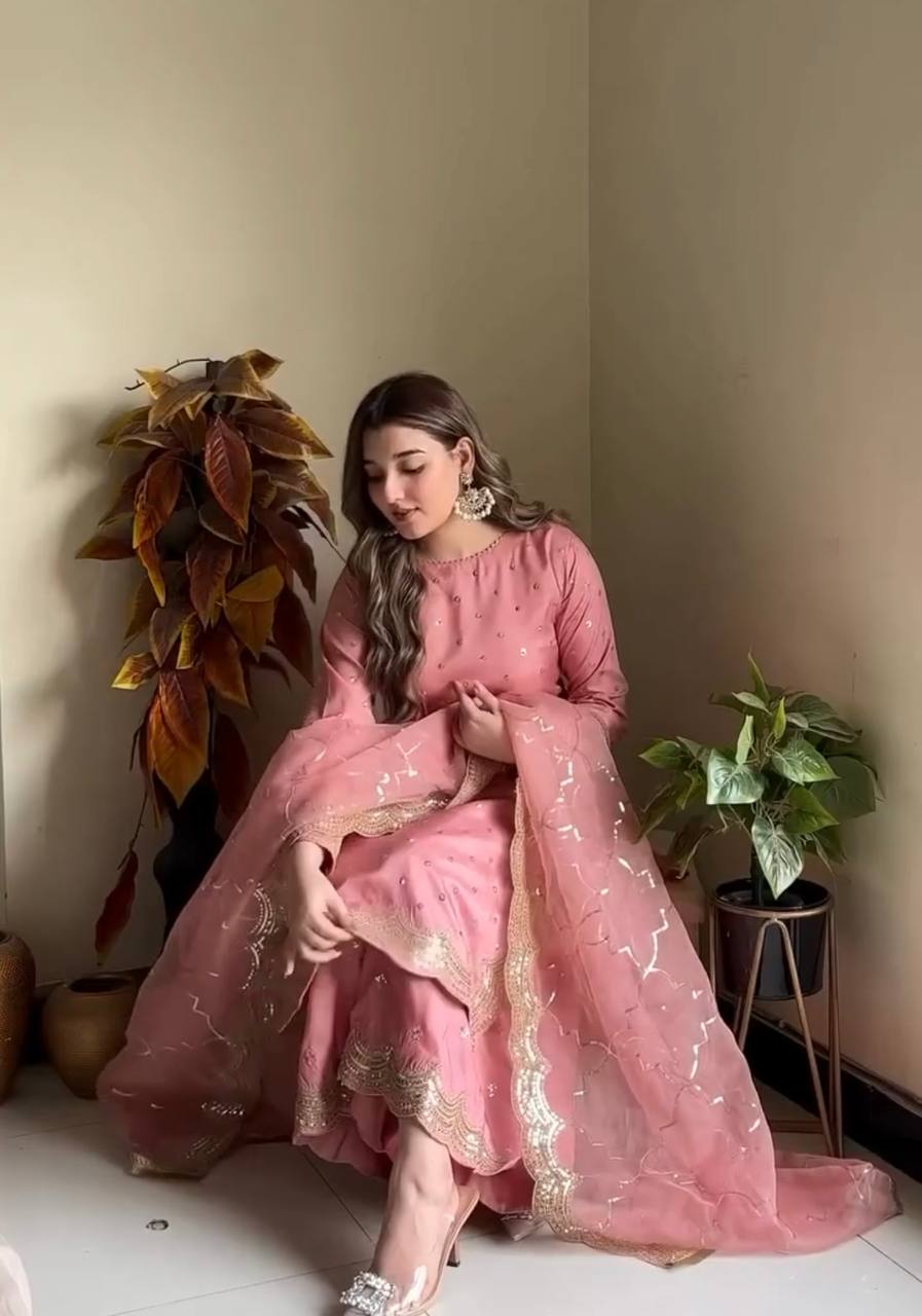 Fabulous Peach Color Heavy Roman Silk With Embroidery Sequence Work Palazzo Suit