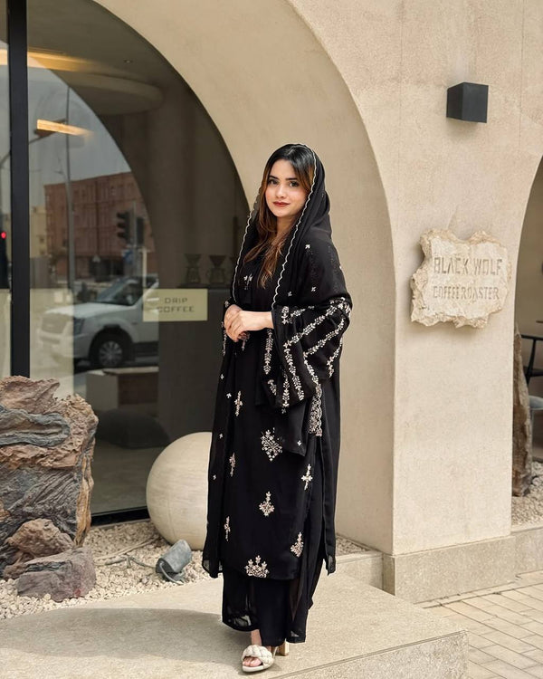 Party Wear Black Color Heavy Faux Georgette With Heavy Embroidery Work Salwar Suit