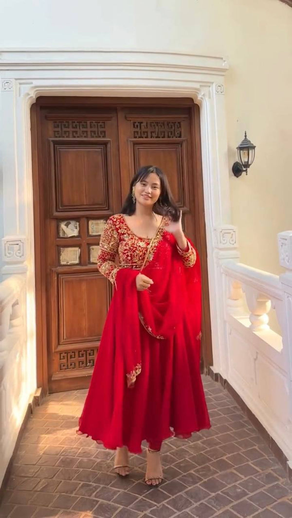 Exclusive Red Color Embroidered Gown & Pant Set with Dupatta