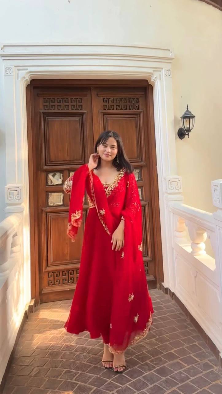 Exclusive Red Color Embroidered Gown & Pant Set with Dupatta