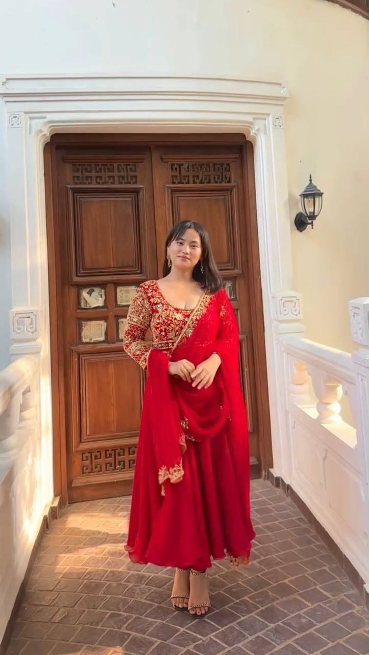 Exclusive Red Color Embroidered Gown & Pant Set with Dupatta