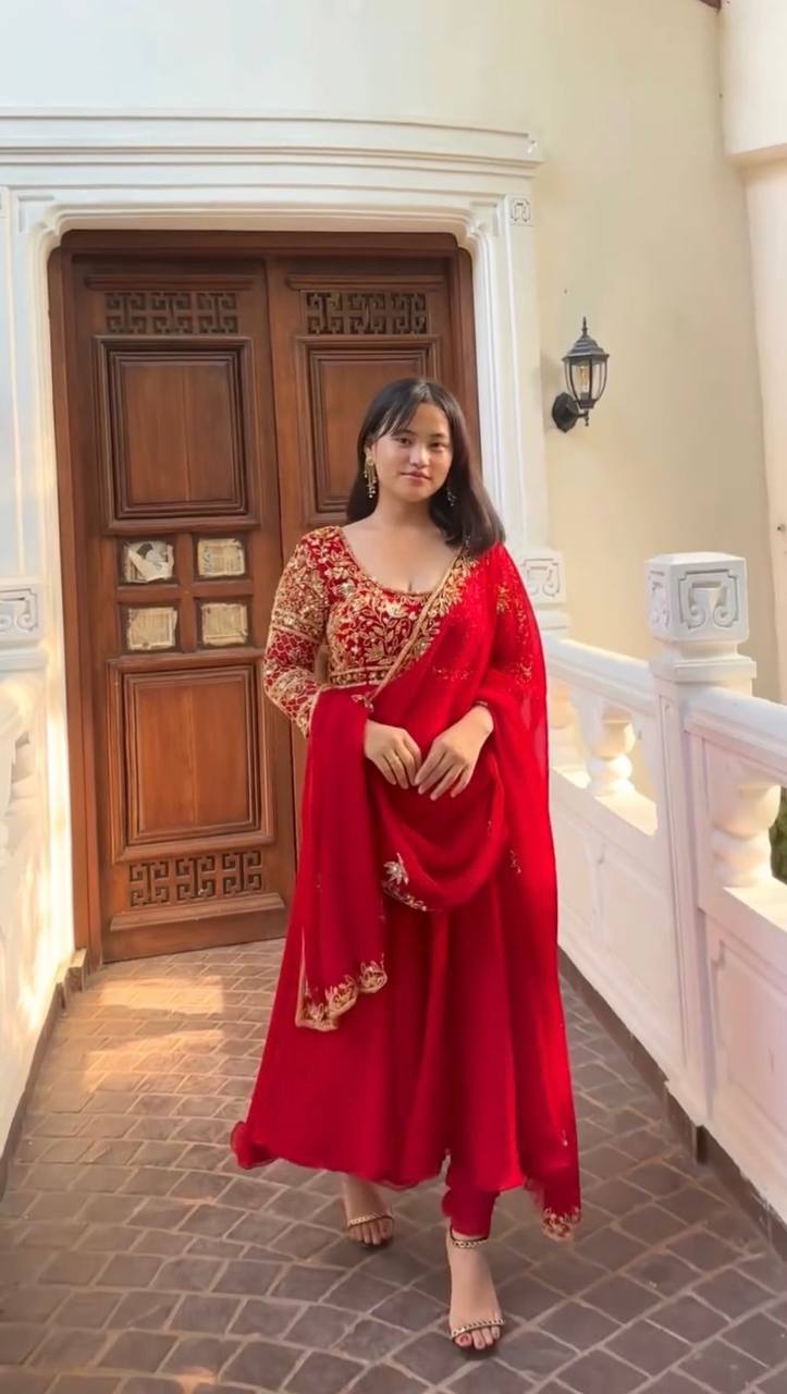 Exclusive Red Color Embroidered Gown & Pant Set with Dupatta