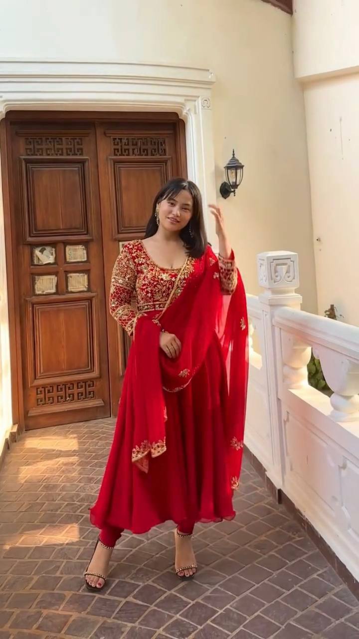 Exclusive Red Color Embroidered Gown & Pant Set with Dupatta