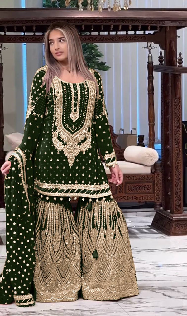 Wedding Wear Green Color Embroidered Designer Plazzo Suit