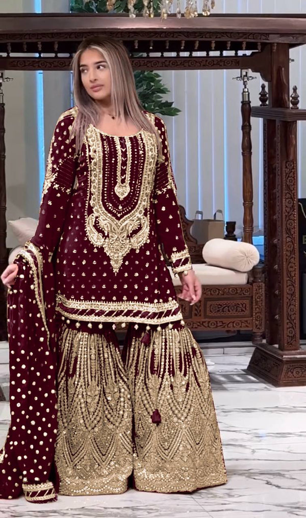 Wedding Wear Maroon Color Embroidered Designer Plazzo Suit