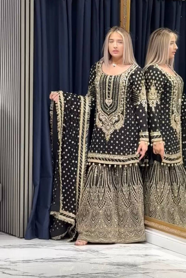 Wedding Wear Black Color Embroidered Designer Plazzo Suit