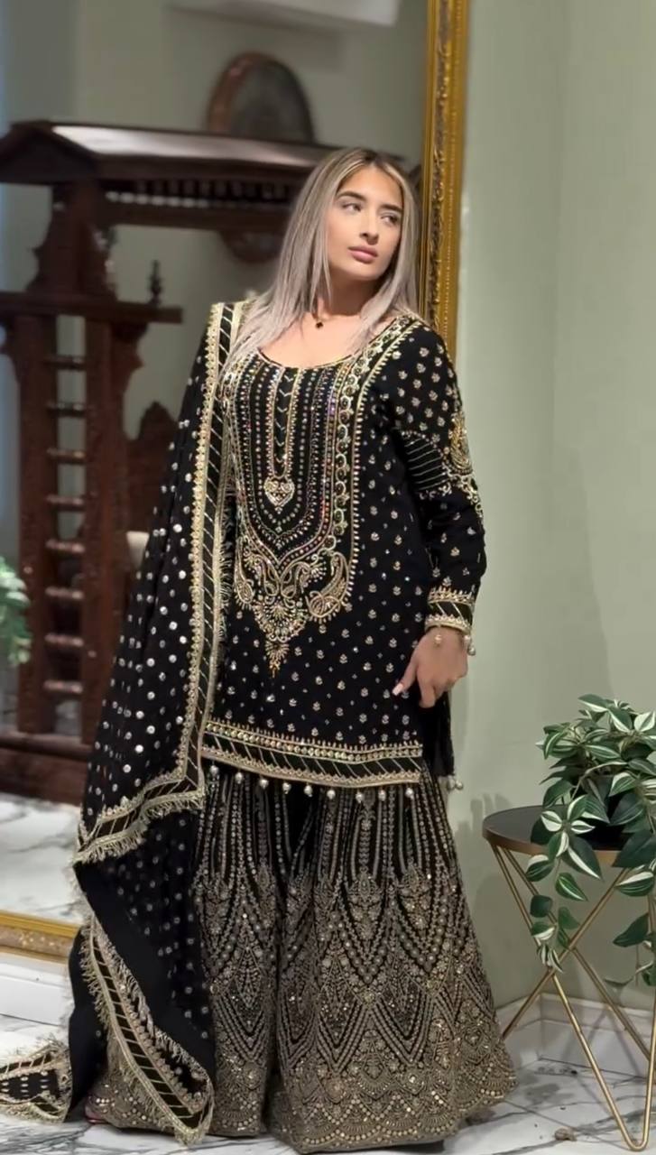 Wedding Wear Black Color Embroidered Designer Plazzo Suit