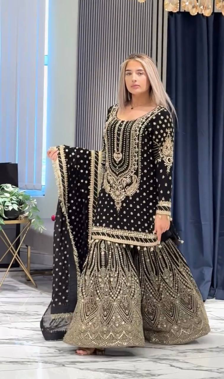 Wedding Wear Black Color Embroidered Designer Plazzo Suit