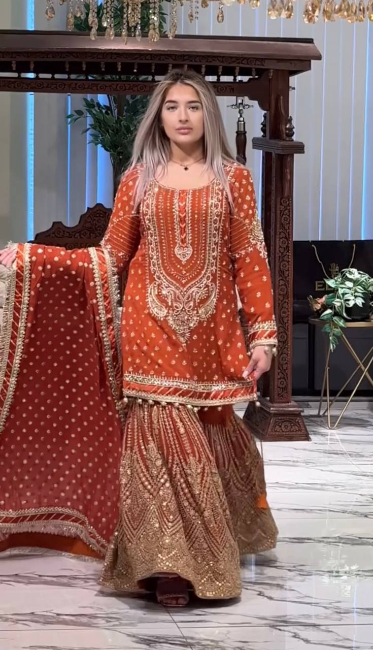Wedding Wear Orange Color Embroidered Designer Plazzo Suit