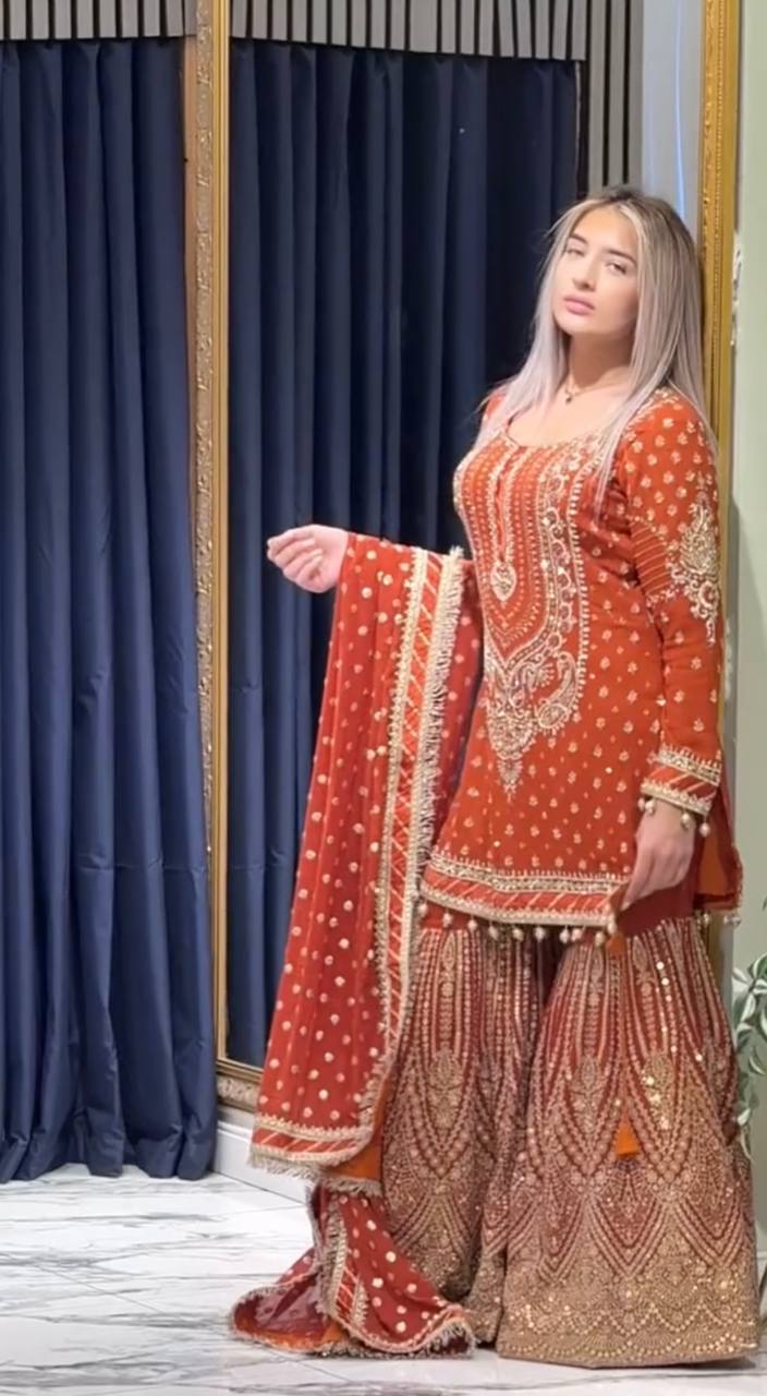Wedding Wear Orange Color Embroidered Designer Plazzo Suit