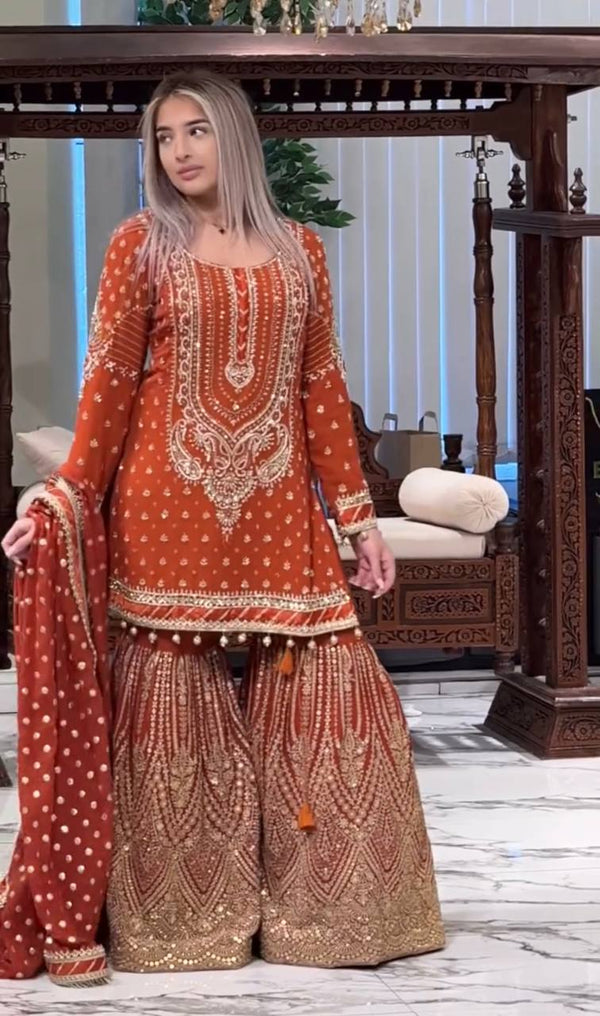 Wedding Wear Orange Color Embroidered Designer Plazzo Suit