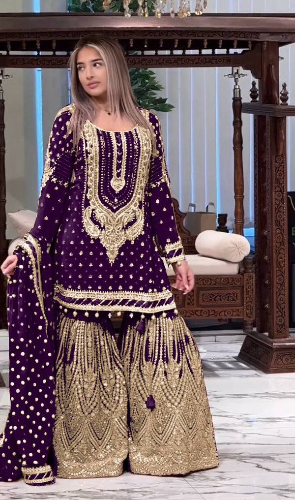 Wedding Wear Purple Color Embroidered Designer Plazzo Suit