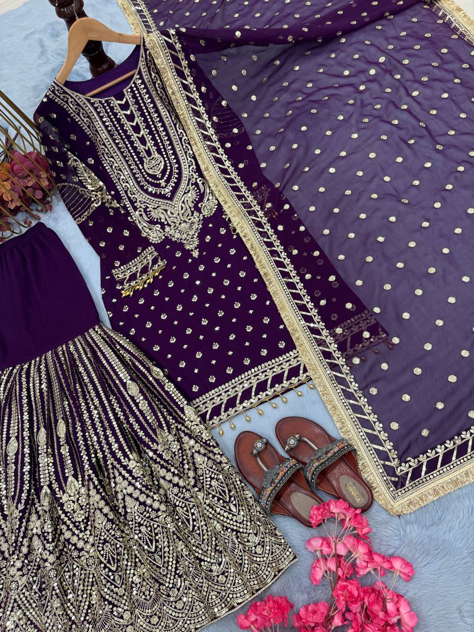 Wedding Wear Purple Color Embroidered Designer Plazzo Suit