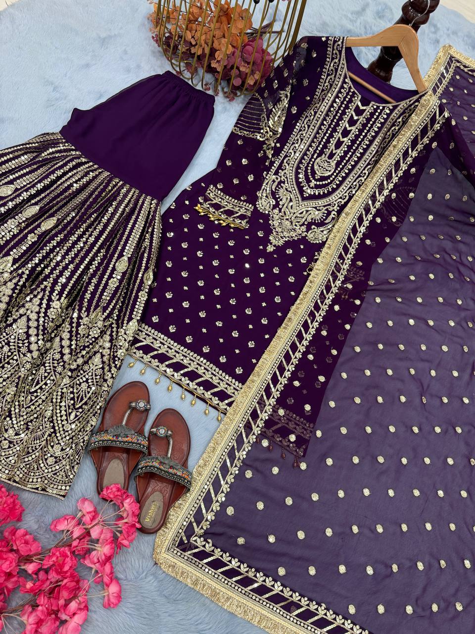 Wedding Wear Purple Color Embroidered Designer Plazzo Suit