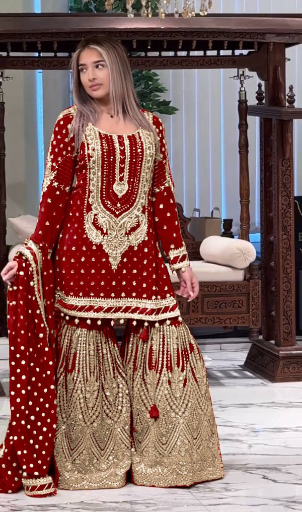 Wedding Wear Red Color Embroidered Designer Plazzo Suit