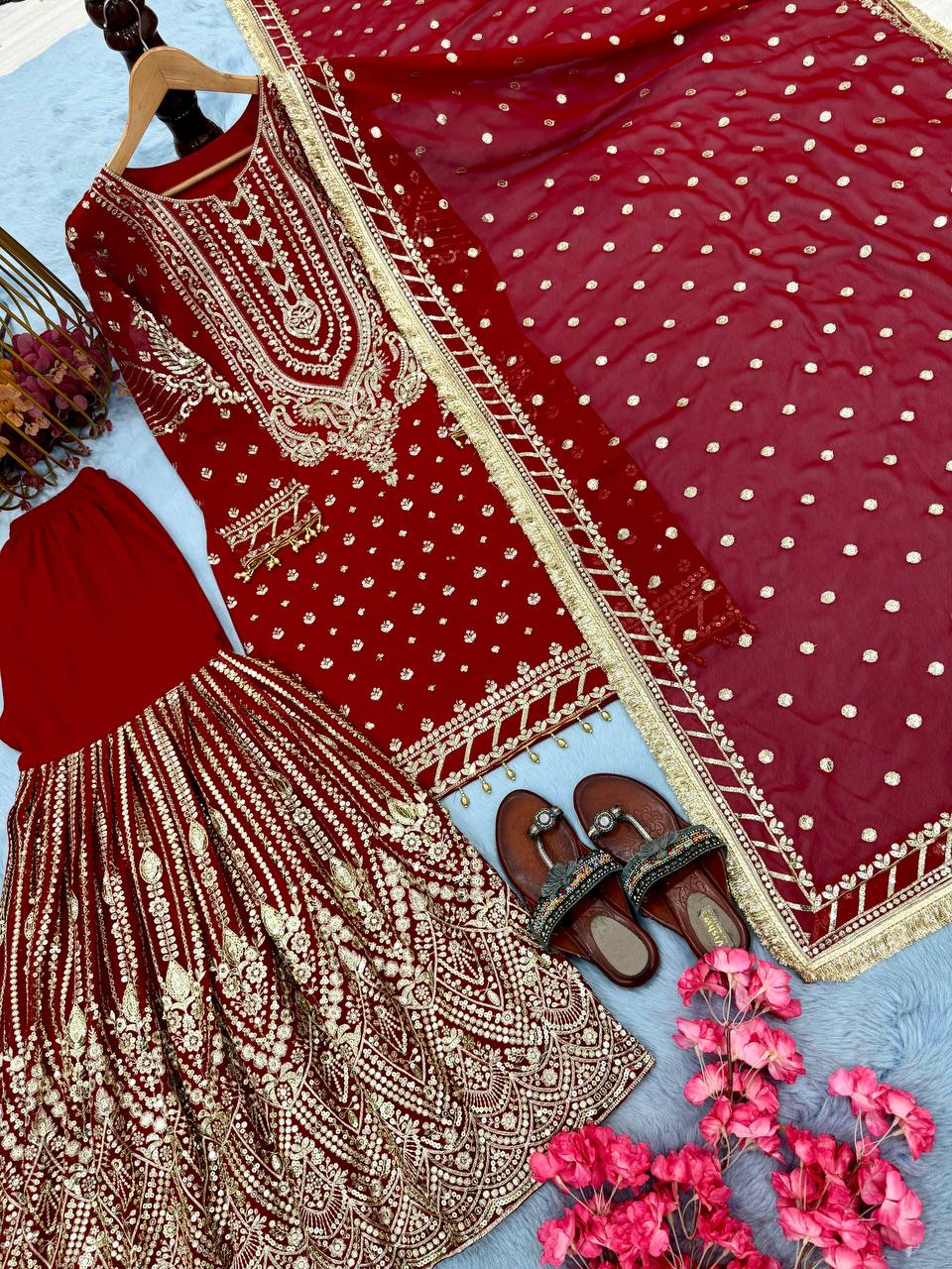 Wedding Wear Red Color Embroidered Designer Plazzo Suit