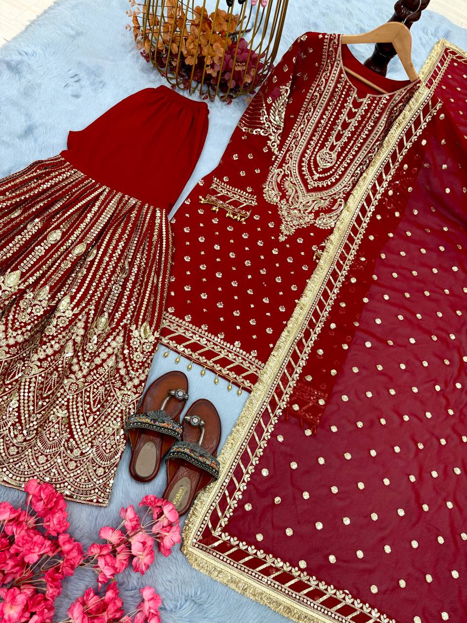 Wedding Wear Red Color Embroidered Designer Plazzo Suit