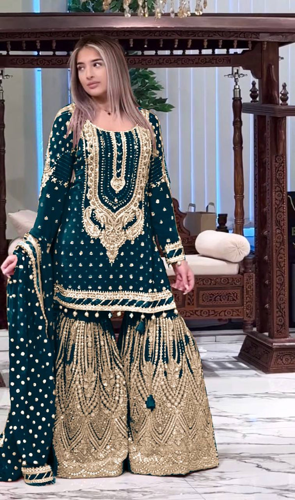 Wedding Wear Rama Color Embroidered Designer Plazzo Suit