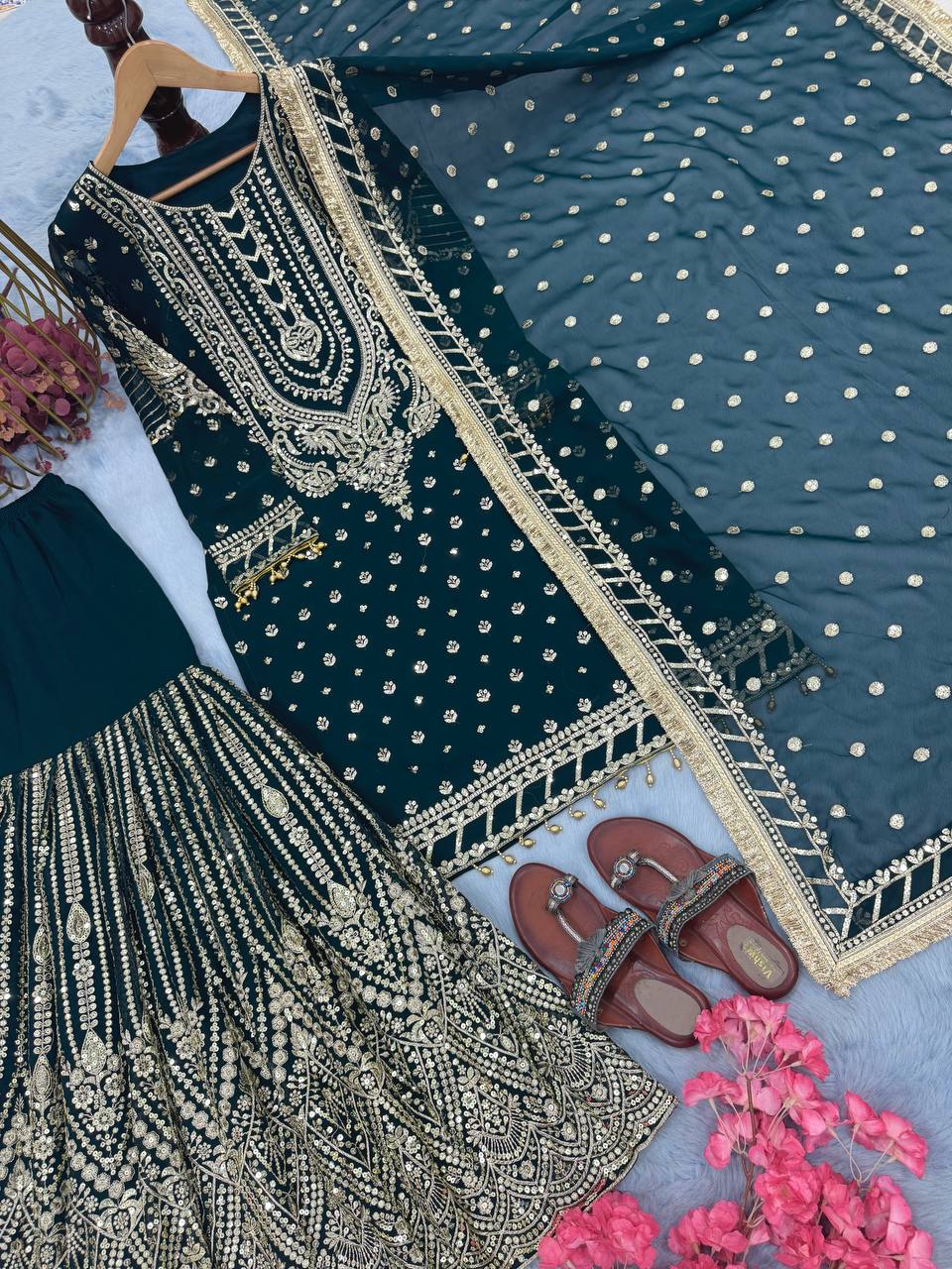 Wedding Wear Rama Color Embroidered Designer Plazzo Suit