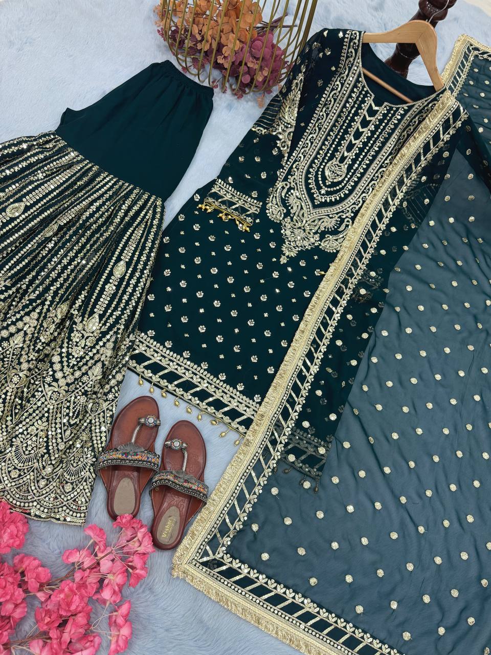 Wedding Wear Rama Color Embroidered Designer Plazzo Suit