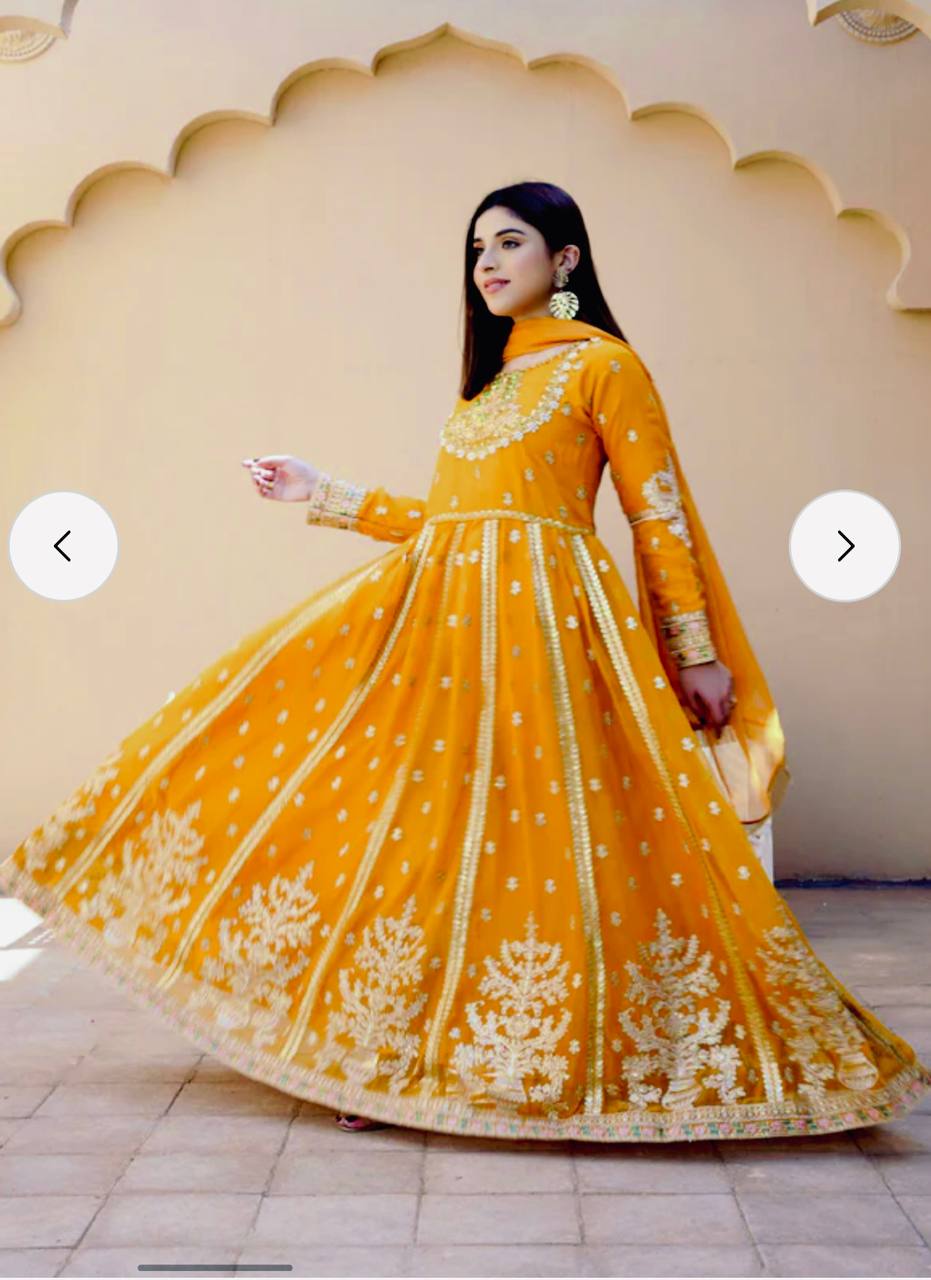 Ceremony Wear Yellow Color Embroidery And 5mm Sequence Work Designer Gown