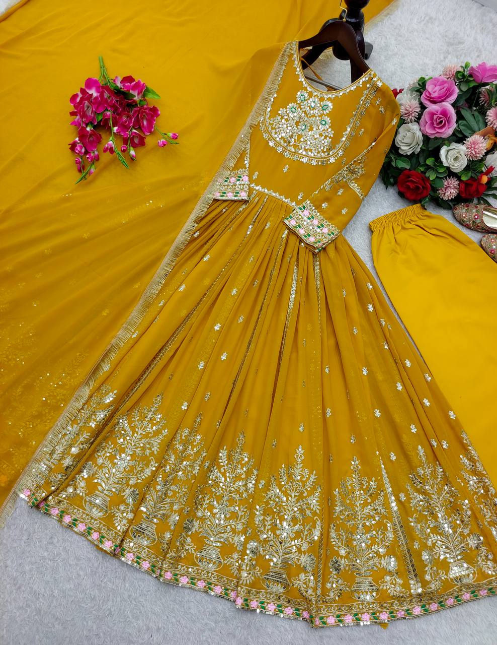 Ceremony Wear Yellow Color Embroidery And 5mm Sequence Work Designer Gown