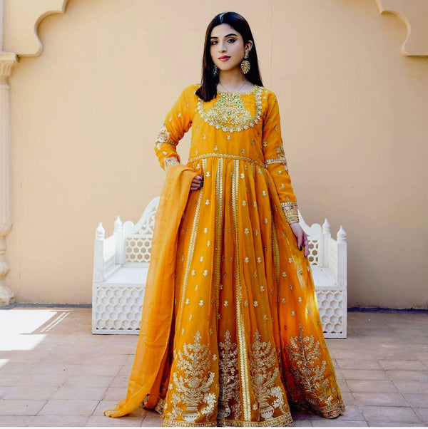 Ceremony Wear Yellow Color Embroidery And 5mm Sequence Work Designer Gown