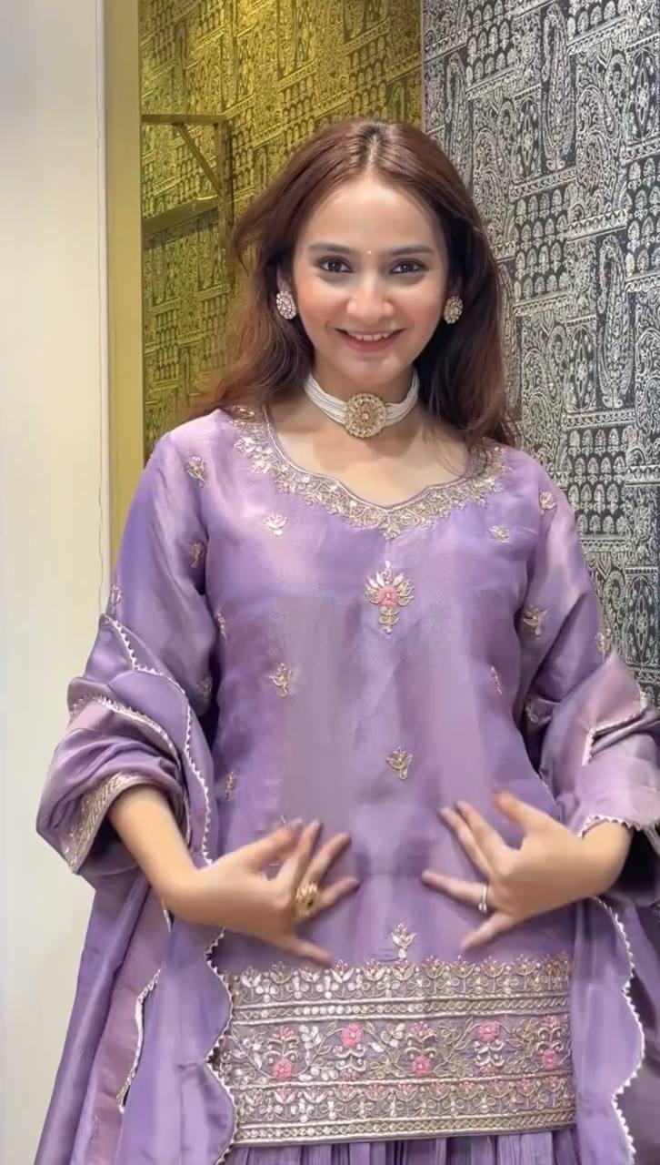 Beautiful Lavender Color Jimmy Choo Silk With Heavy Embroidery Sequence Work Lehenga Suit