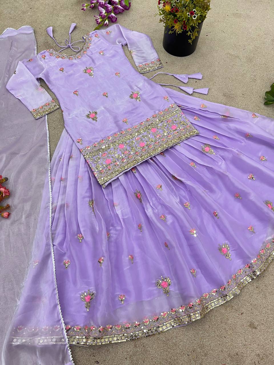 Beautiful Lavender Color Jimmy Choo Silk With Heavy Embroidery Sequence Work Lehenga Suit