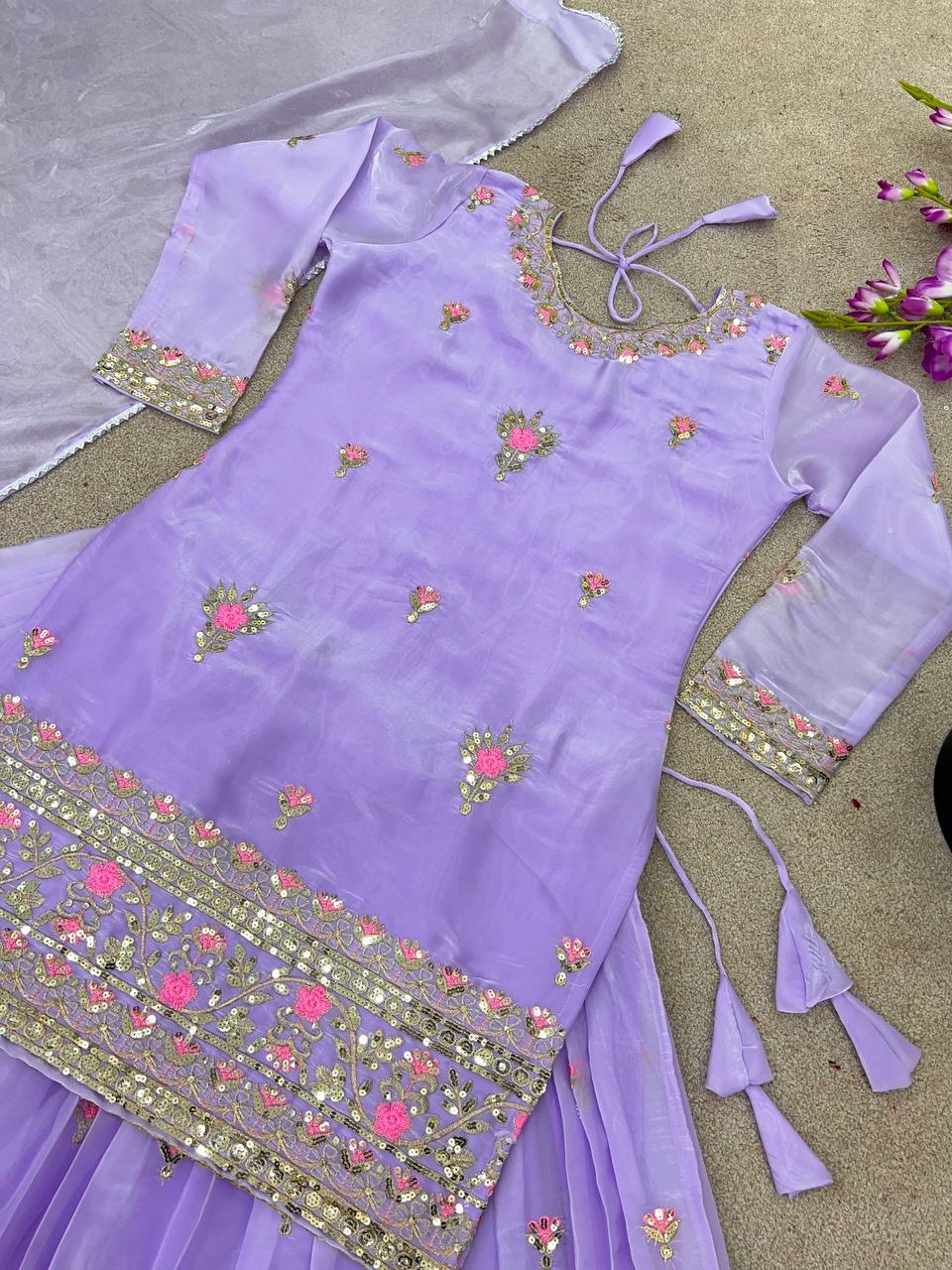 Beautiful Lavender Color Jimmy Choo Silk With Heavy Embroidery Sequence Work Lehenga Suit