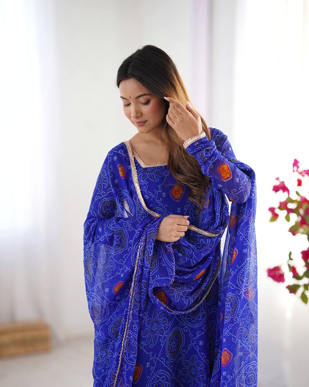 Festive Wear Royal Blue Color Pure Soft Lightweight Chiffon Bandhej Fabric Designer Gown