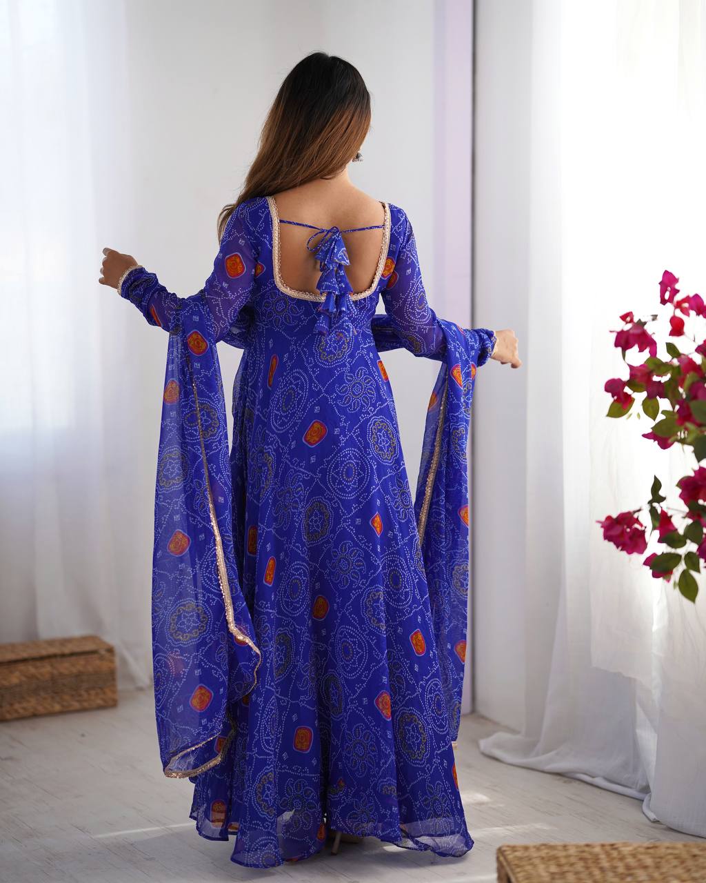 Festive Wear Royal Blue Color Pure Soft Lightweight Chiffon Bandhej Fabric Designer Gown