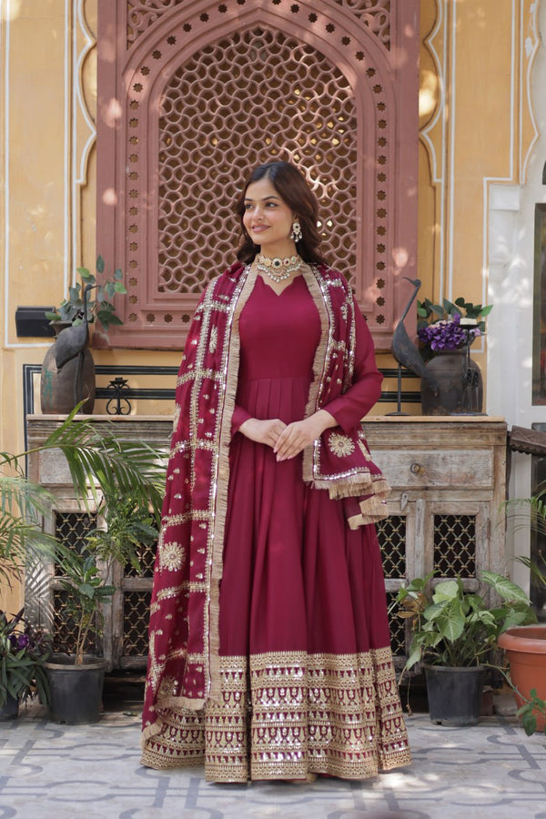 Alluring Maroon Color Star Georgette With Embroidery Zari Sequins Work Designer Gown